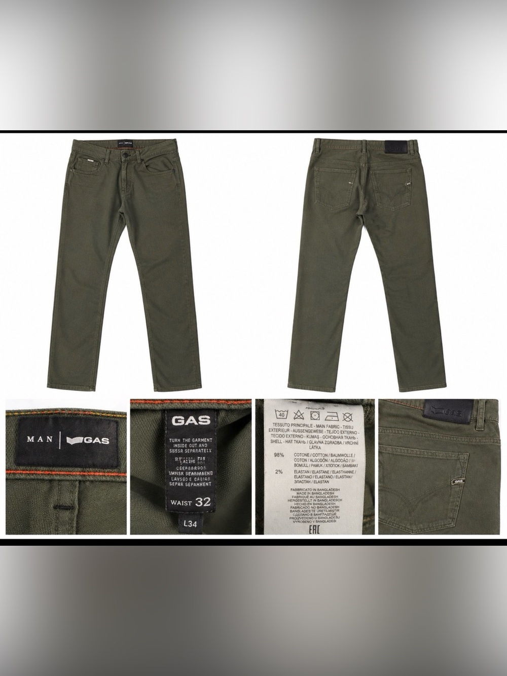 GAS Jeans Men's 32x34 Olive Green Straight Leg Denim Pants Cotton Stretch